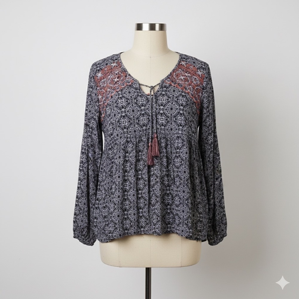Knox Rose Womens XS Peasant‎ Tunic Top Embroidered Tassels Long Sleeve Rayon